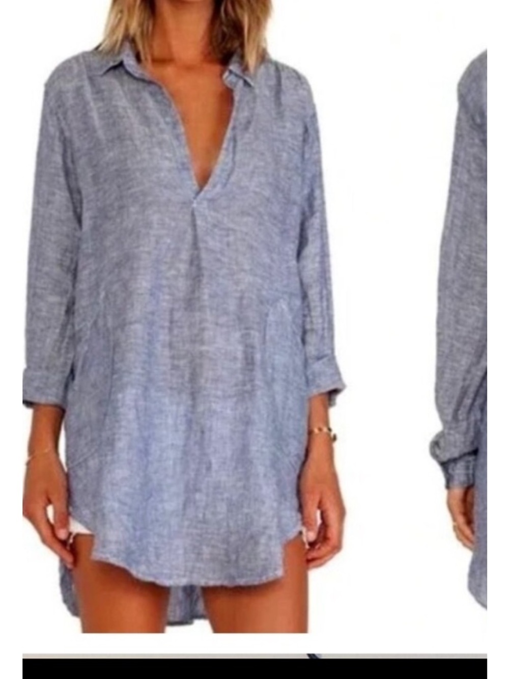 CP Shades Linen TETON Chambray Shift Dress Shirt Lagenlook Boho Long Sleeve